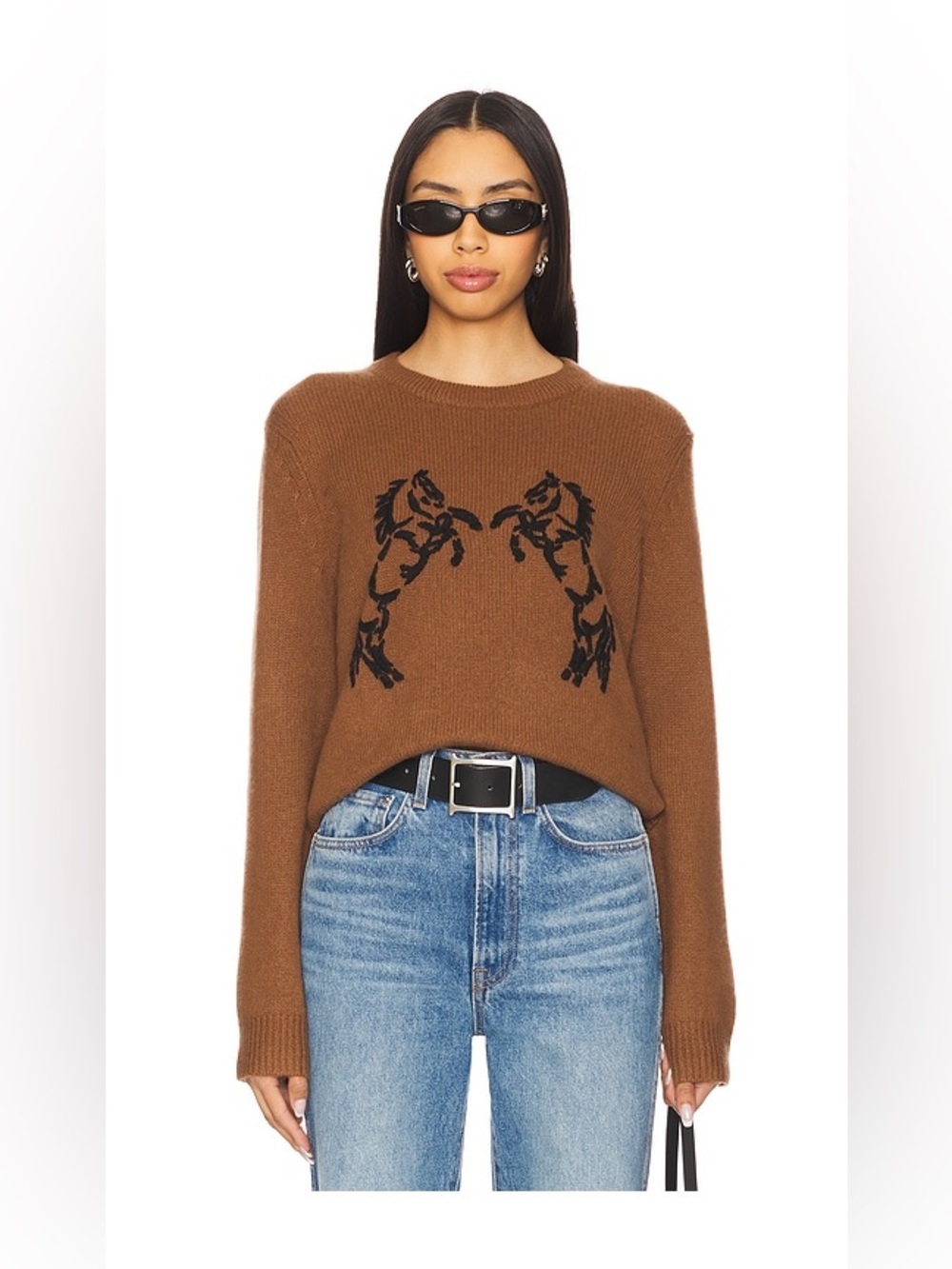 NWT White + Warren Cashmere Wool Horse Embroidered Crewneck Sweater Umber Sz M - Picture 1 of 13